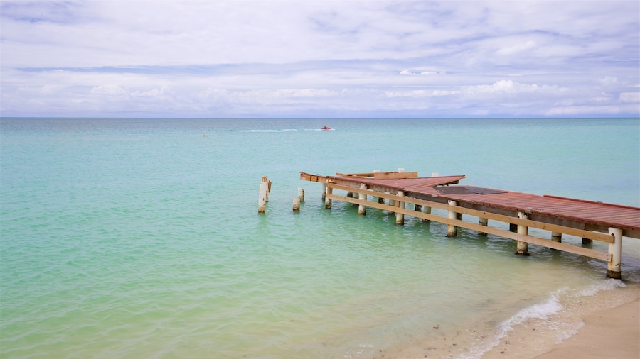A wooden pier extending into turquoise water with a sandy beach at the end.