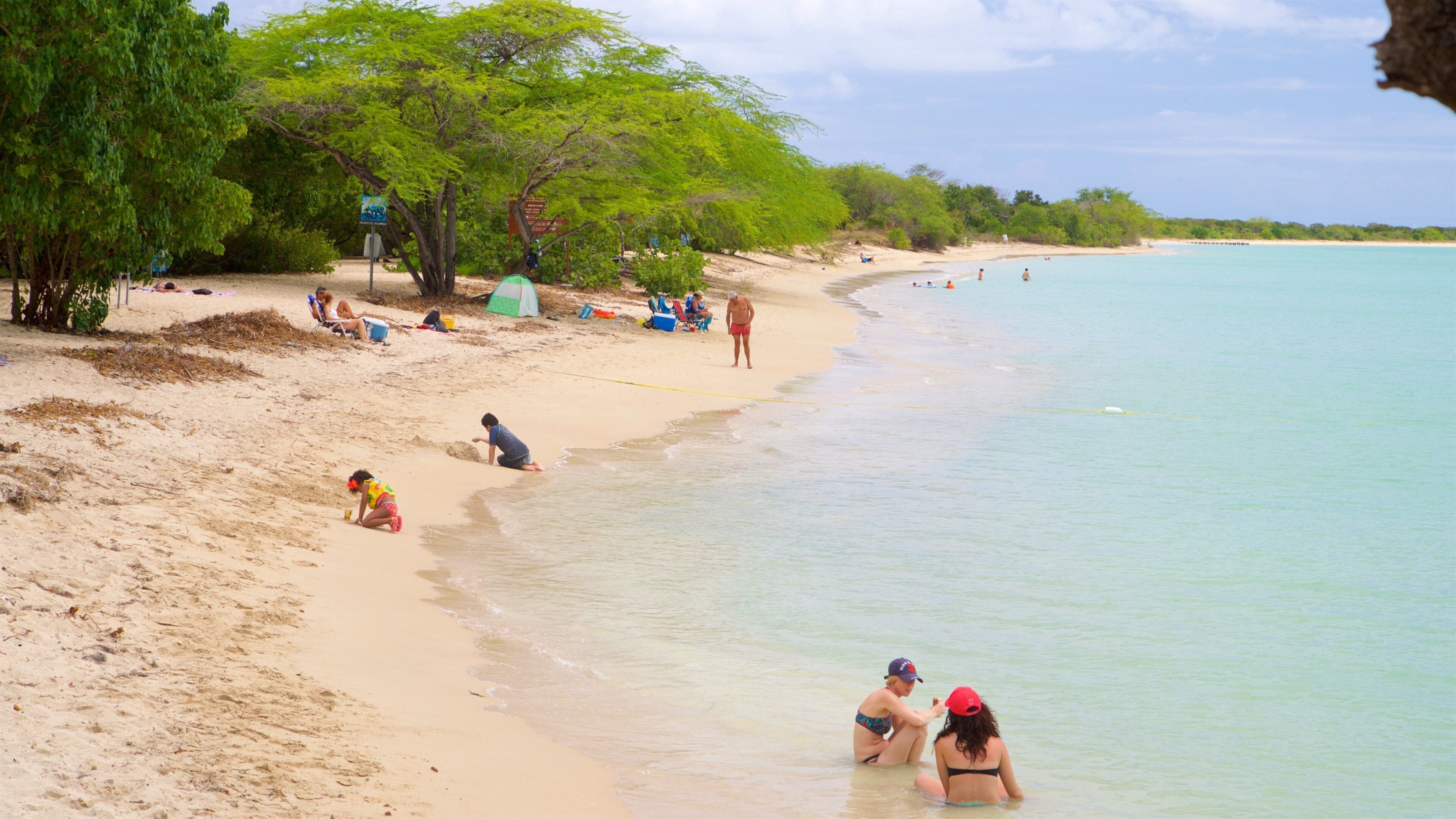 Une plage de sable fin bordée d’une eau turquoise et limpide, où l’on peut voir des gens se prélasser au soleil et nager, et des arbres verdoyants qui bordent le rivage.