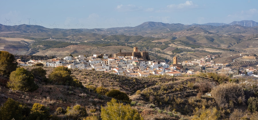 Panorama view on the ancient city of Seron in the rolling hills of the Los Filabres Mountain Range, Andalusia, Spain