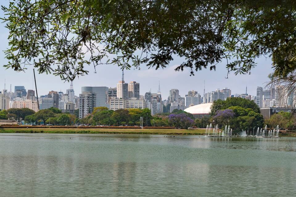 Un lac dont le rivage offre une vue sur les gratte-ciel d’une ville, le tout étant bordé d’arbres et entouré d’un parc.