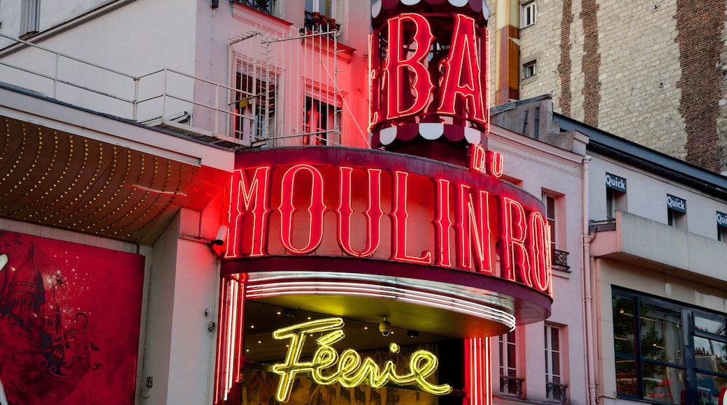 Pigalle som inkluderer bar, teater og skilt