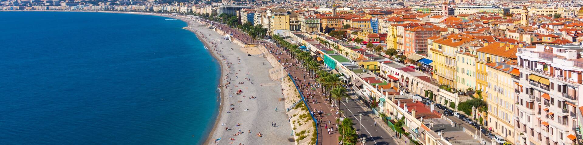 A view over the French city of Nice and the Promenade des Anglais, in the Provence region of the South of France.