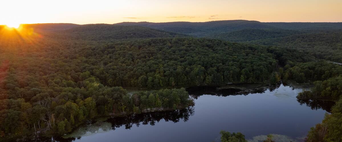 A serene lake surrounded by dense forest with a sunset in the background.