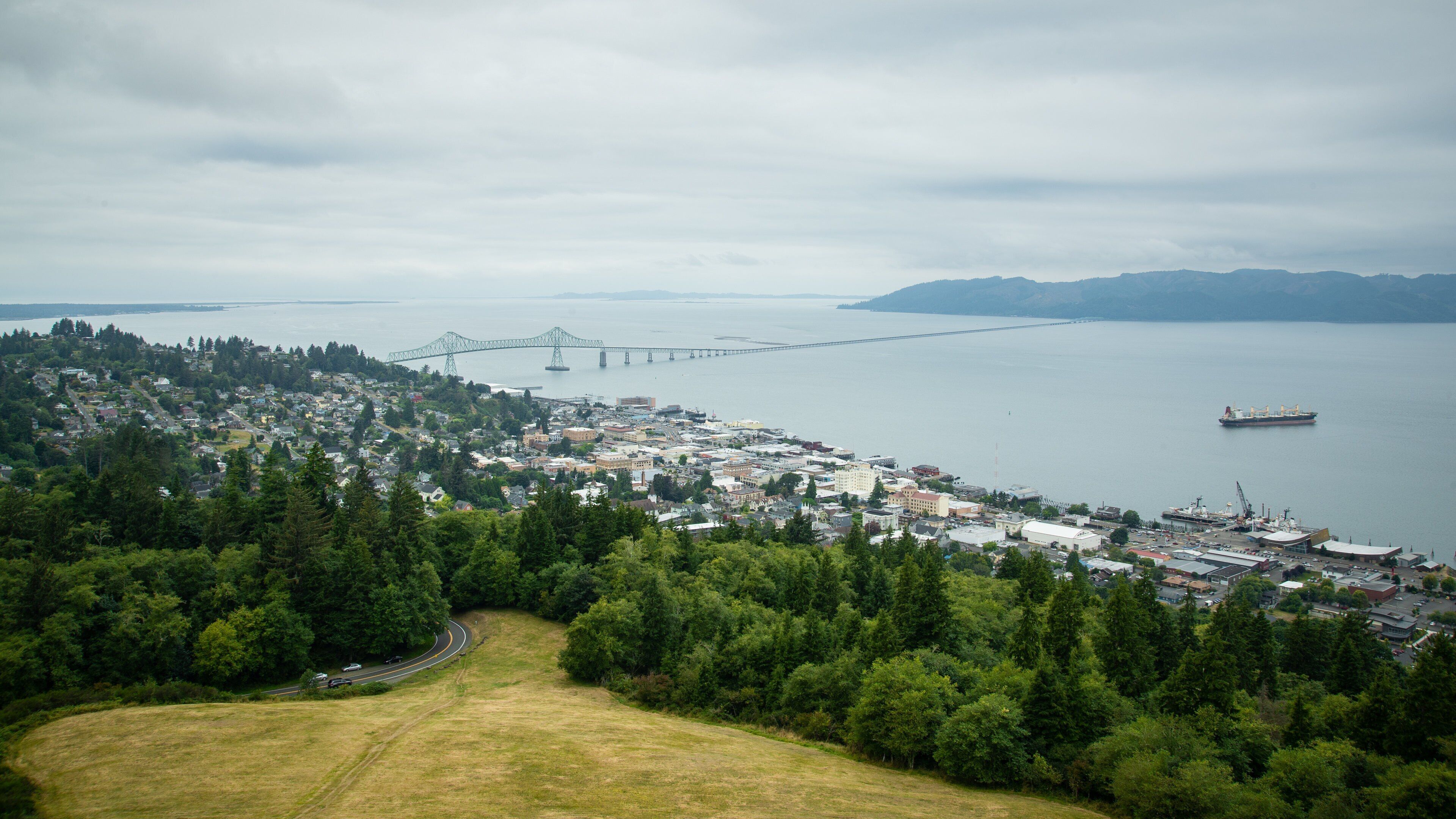 Astoria Column showing a river or creek, a bridge and a small town or village