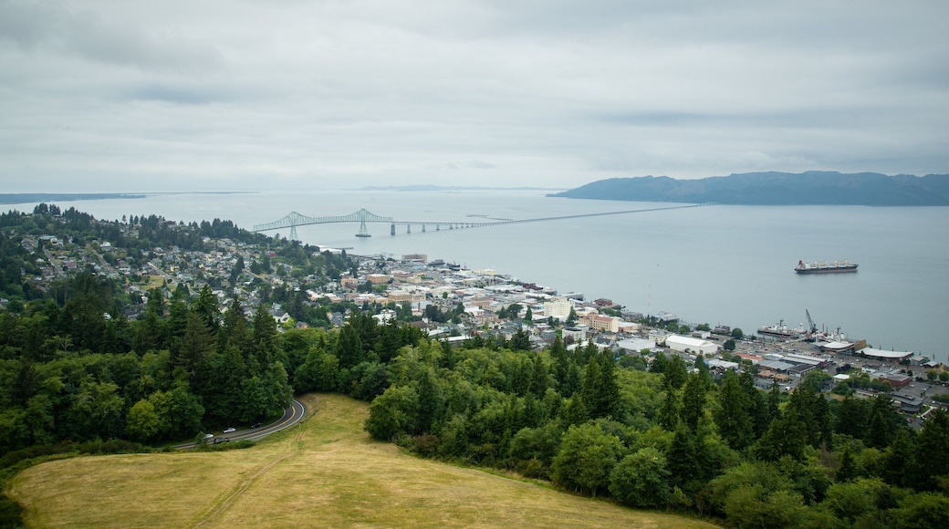 Astoria Column showing a river or creek, a bridge and a small town or village