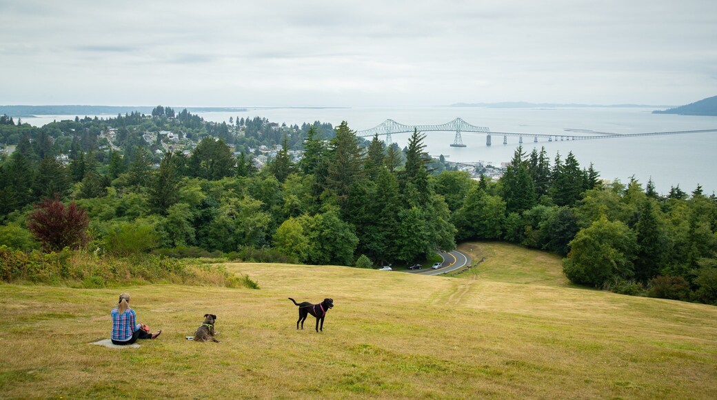 Astoria Column featuring a park, landscape views and cuddly or friendly animals