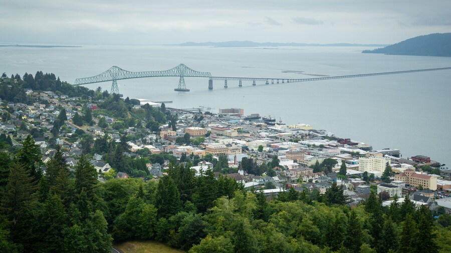 Astoria Column which includes a bridge, a small town or village and a river or creek
