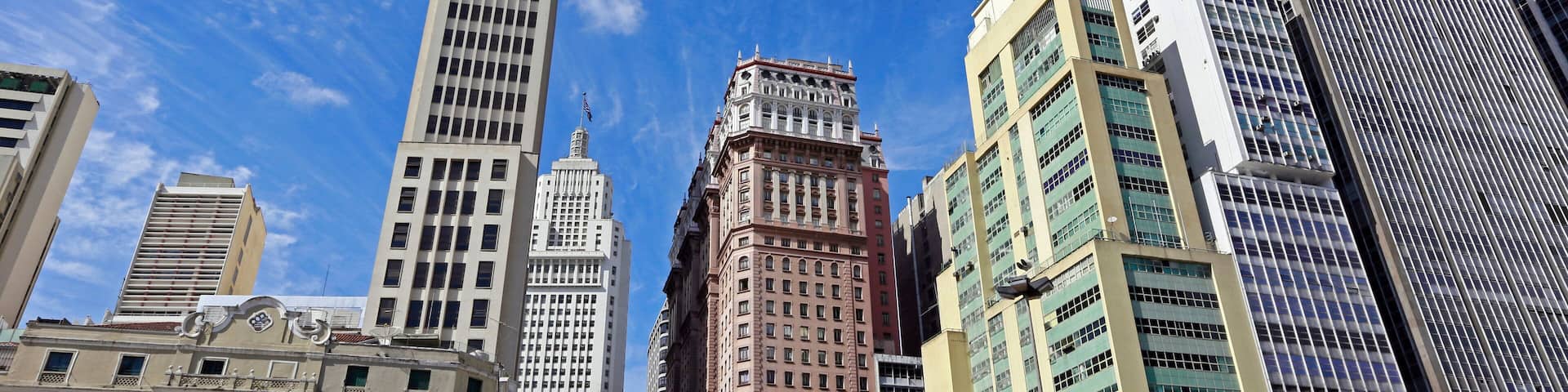 View of the buildings in Anhangabaú Valley with a blue sky in the background. Downtown of São Paulo city, Brazil