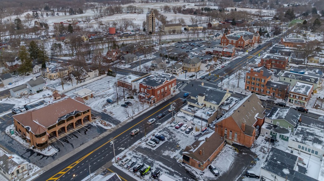 Early evening winter aerial photo of the four corners in the Village of Pittsford, New York. (01-14-2024)