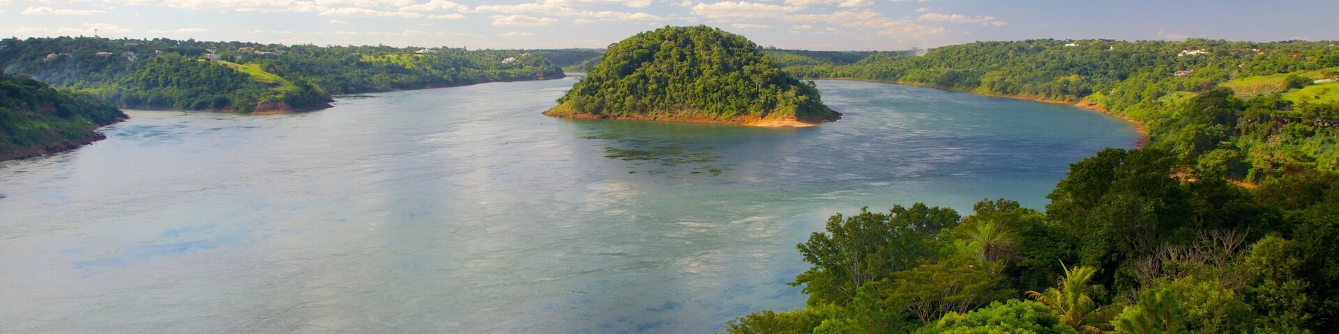 Un río serpentea por un paisaje exuberante con una pequeña isla en el centro.