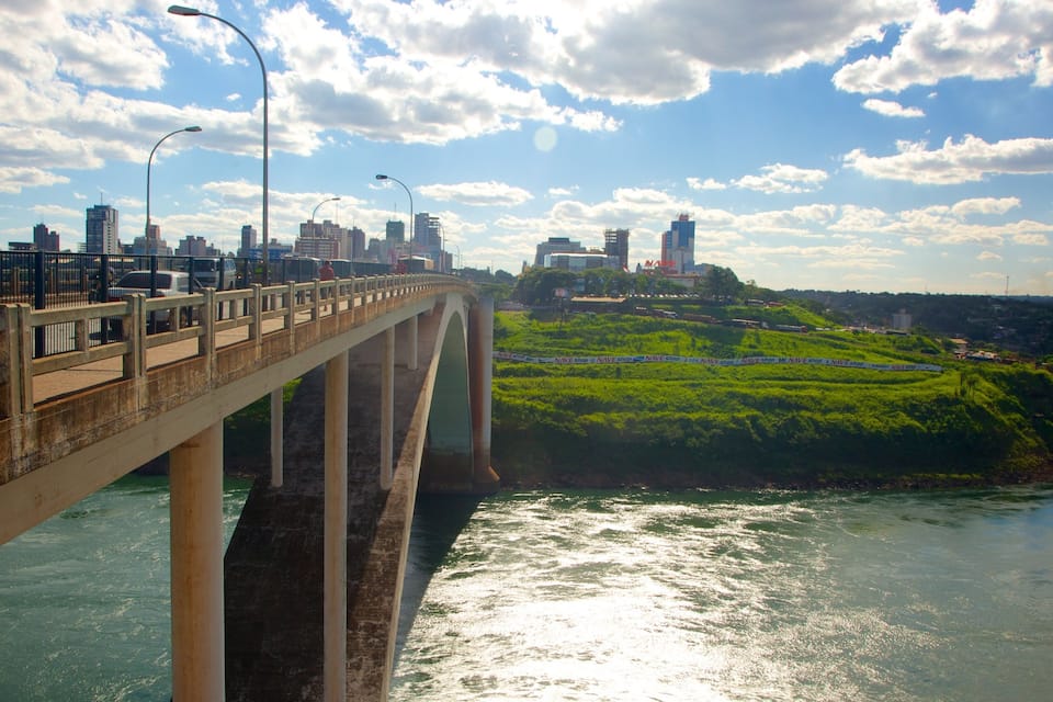 Un puente sobre un río con el horizonte de una ciudad al fondo.