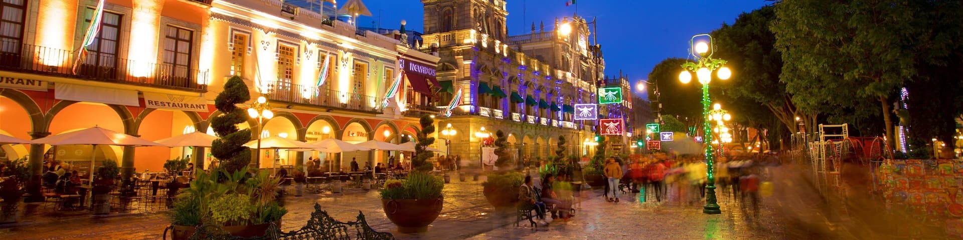 Zócalo de Puebla which includes night scenes