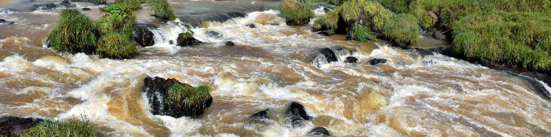 A large waterfall with a rainbow, surrounded by lush greenery and a turbulent river.