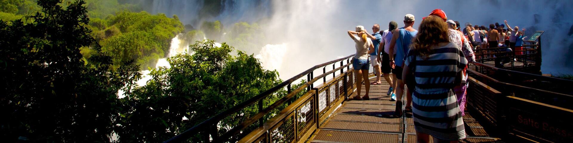 Cascate di Iguazu che include cascata cosi come un grande gruppo di persone