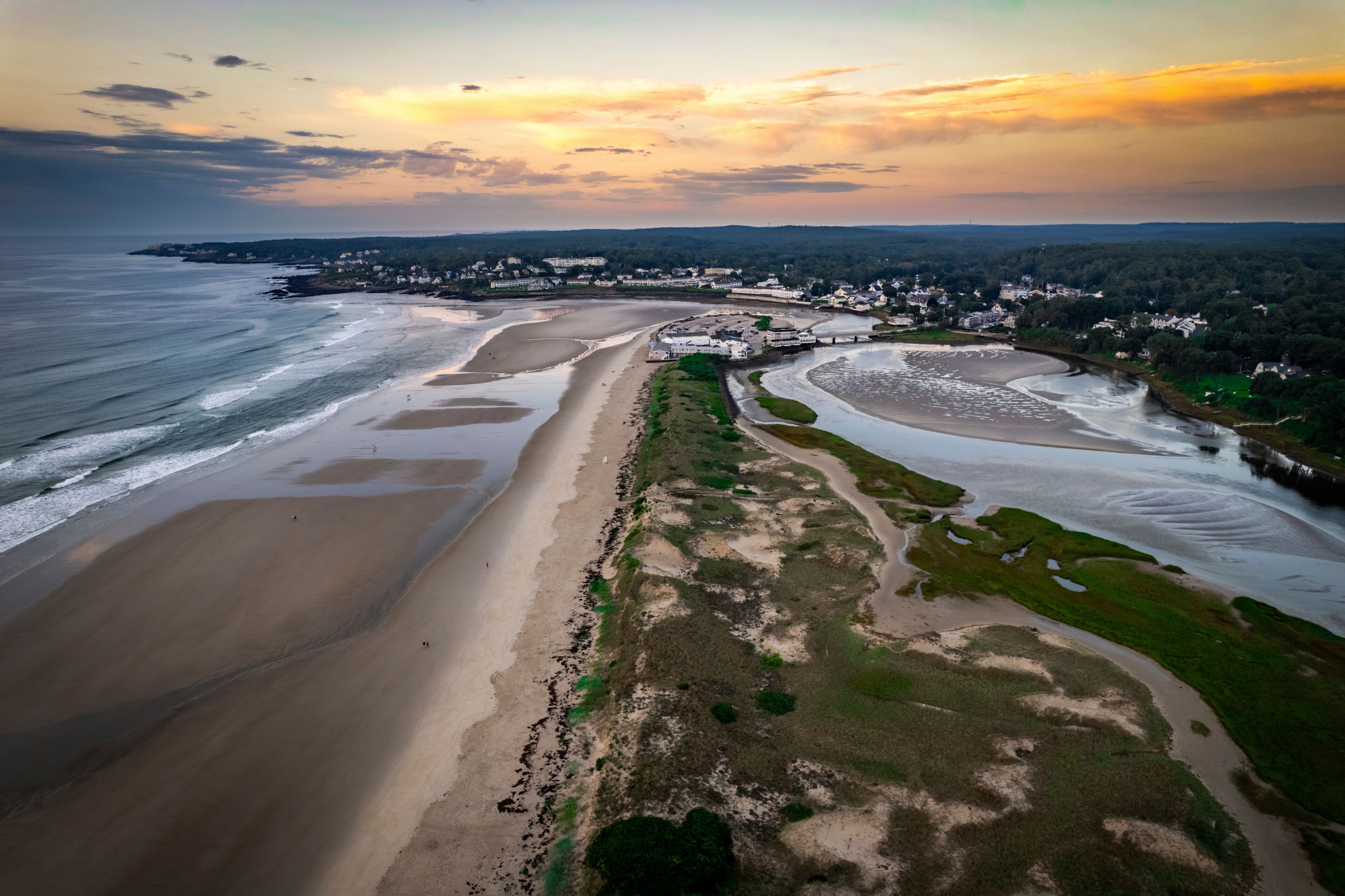 Aerial view of beautiful beach at sunset with coastal skyline, Ogunquit, Maine, United States.