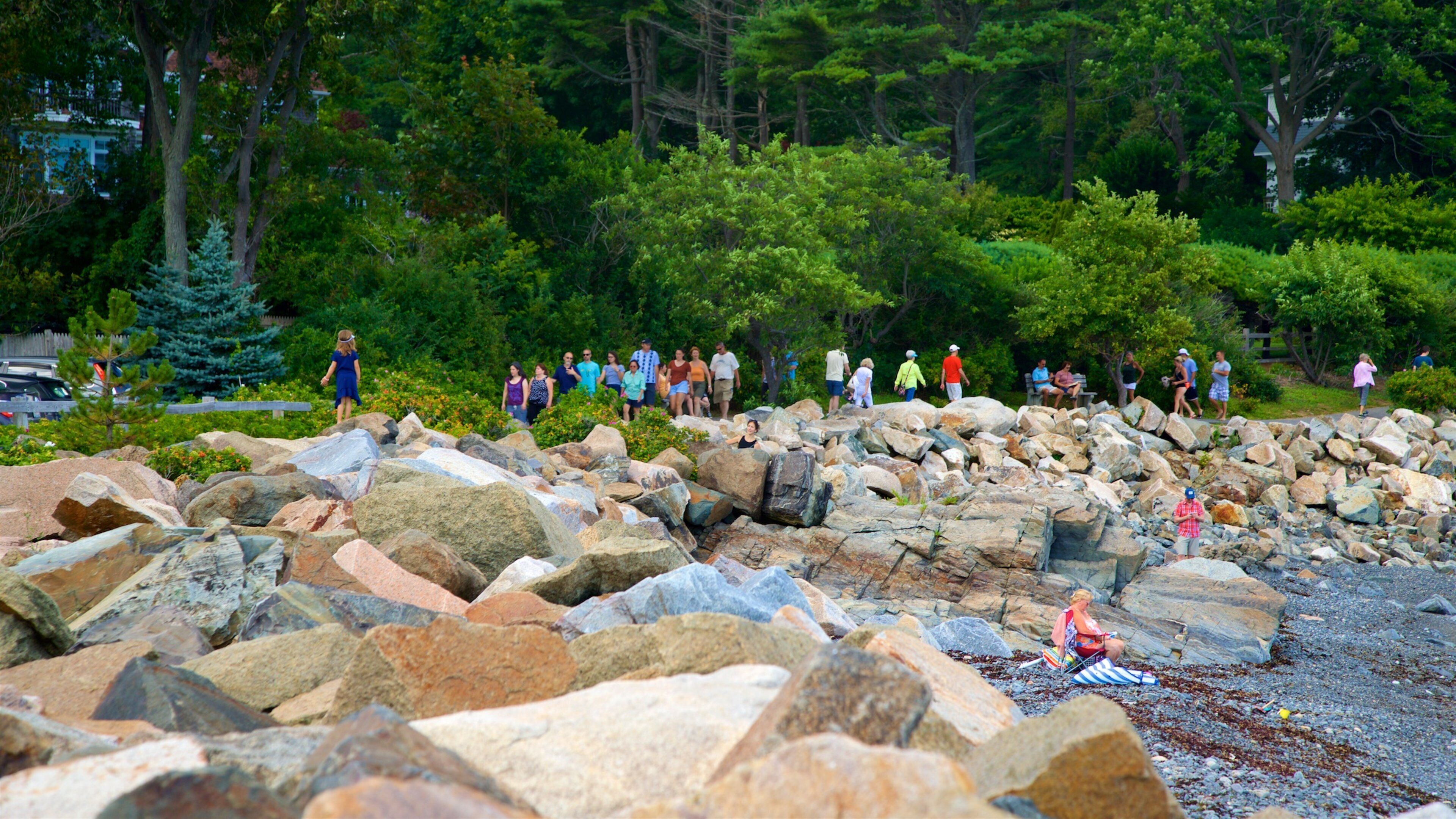 Perkins Cove ofreciendo vistas generales de la costa y también un pequeño grupo de personas