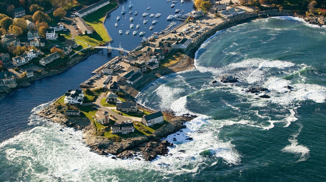 Aerial view of fishing boats anchored in Perkins Cove, on coast of Maine south of Portland