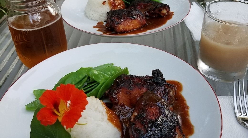 Mole boneless chicken thighs basmati rice and snow peas