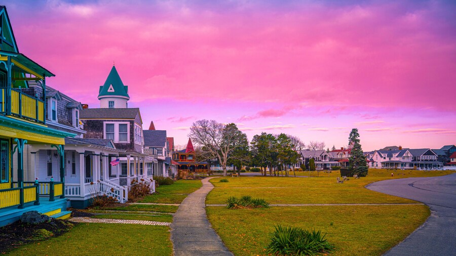 Oak Bluffs skyline, well-preserved landmark houses, and dramatic winter sunset cloudscape over the Ocean Park on the island of Martha's Vineyard in Dukes County, Massachusetts, United States