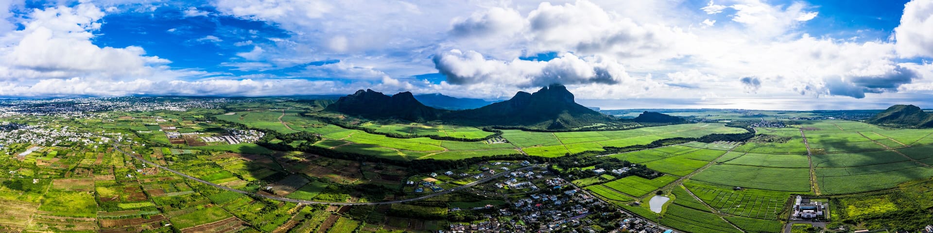 Aerial view of the Mont du Rempart mountain, corps de grande,.Mont saint Pierre region Black River, behind the places Vacoas-Phoenix and Quatre Bornes, Mauritius, Africa