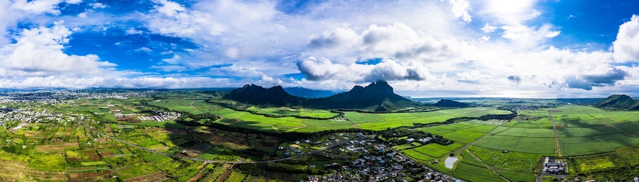 Aerial view of the Mont du Rempart mountain, corps de grande,.Mont saint Pierre region Black River, behind the places Vacoas-Phoenix and Quatre Bornes, Mauritius, Africa