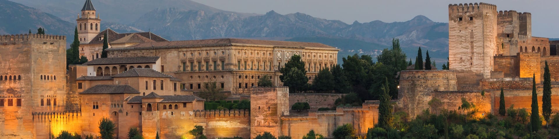 La Alhambra, detail, at dusk. Granada, Andalusia, Spain.