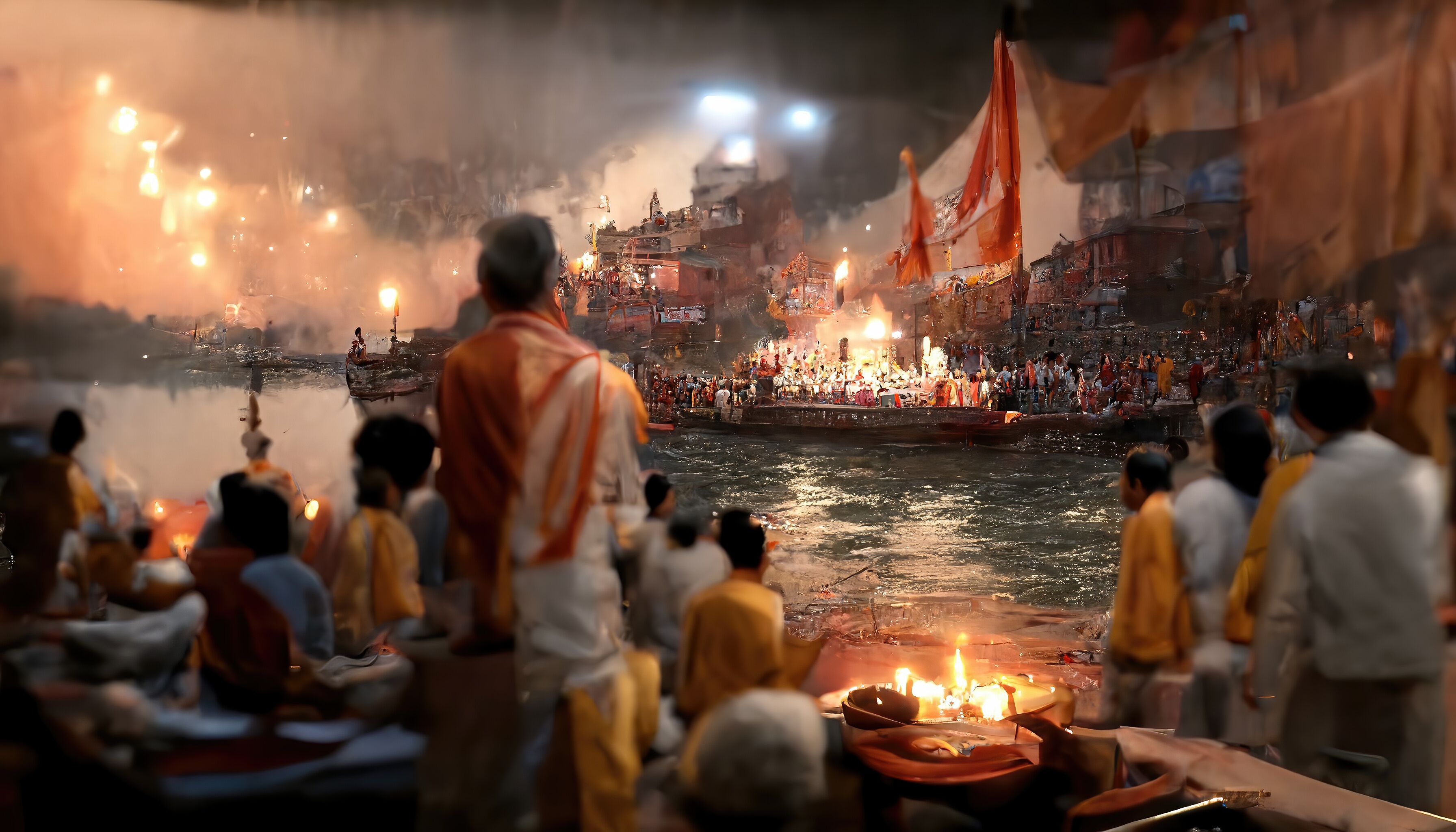 AI generated image of Ganga Aarti in progress at the bank of river Ganga in Varanasi, India