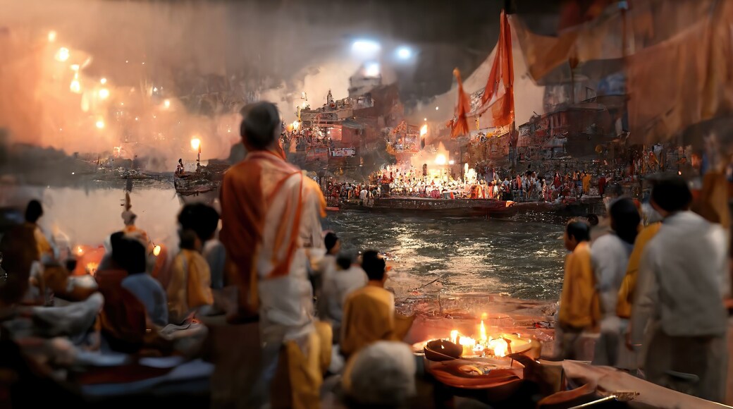AI generated image of Ganga Aarti in progress at the bank of river Ganga in Varanasi, India