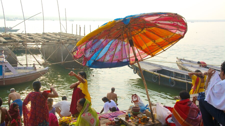 Dasaswamedh ghat showing a bay or harbor as well as a small group of people