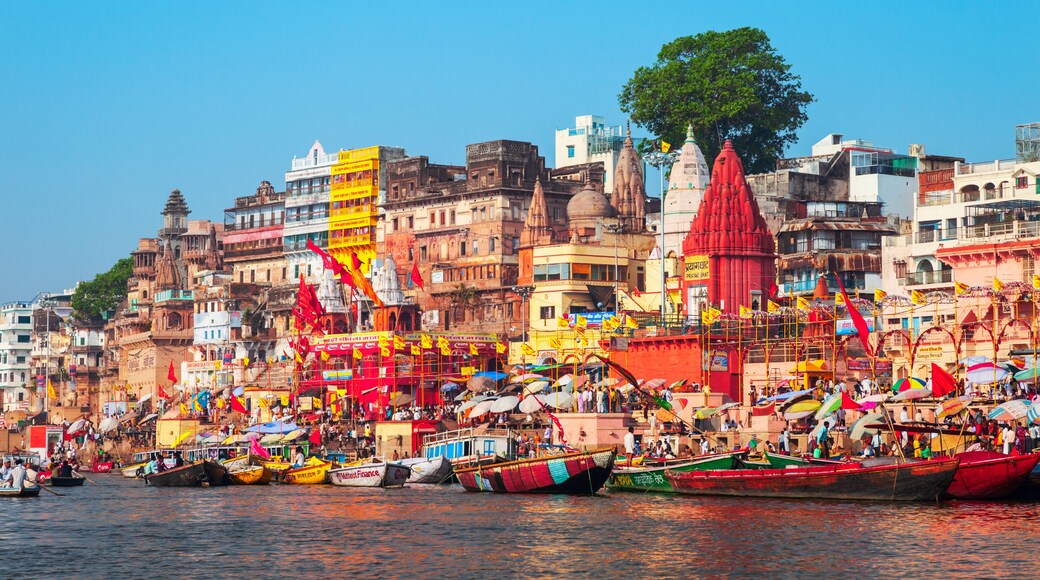 Colorful boats and Ganges river