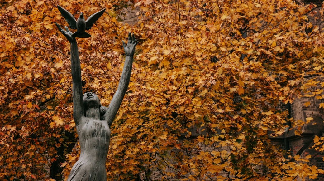 Peace Square showing autumn leaves and a statue or sculpture