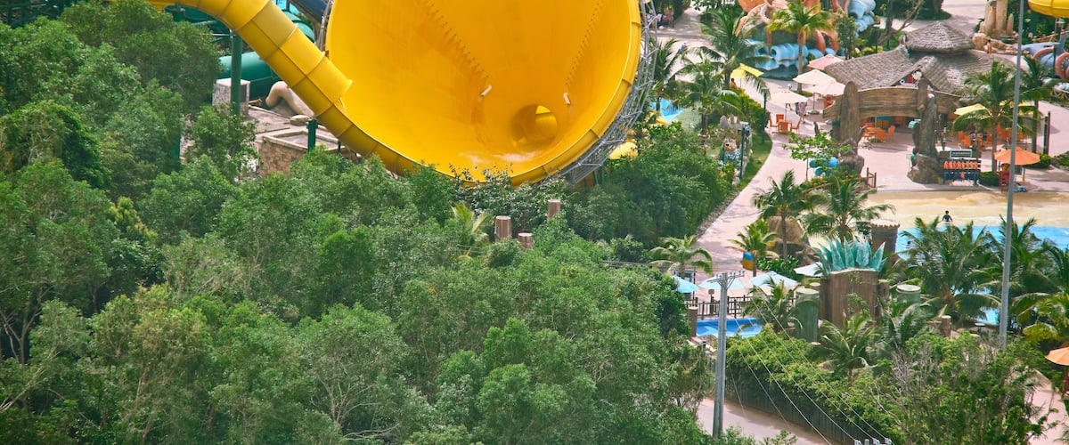 View from the cable car to the water park of the Sun World Hon Tam entertainment complex. Phu Quoc island, Vietnam
