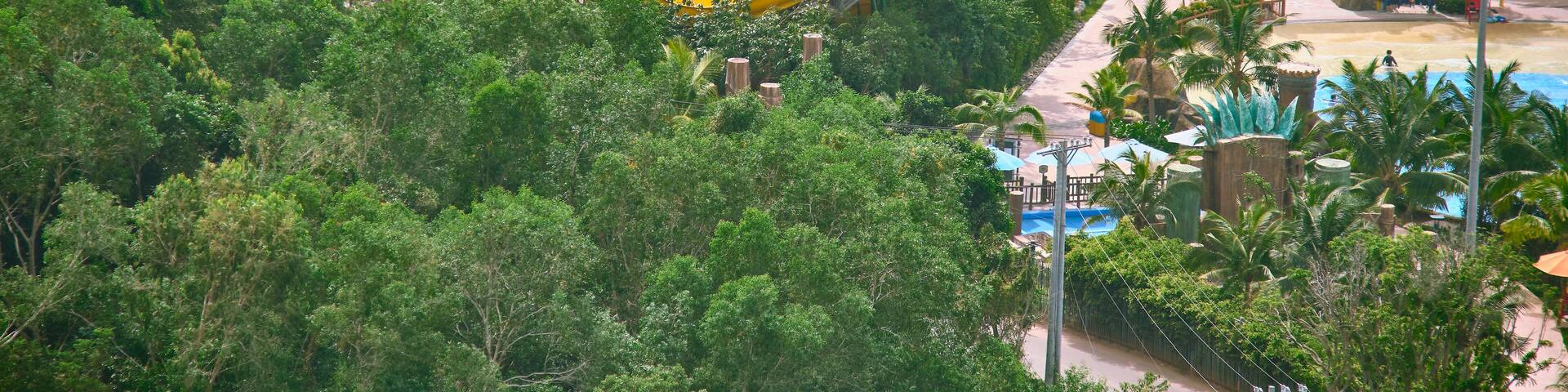View from the cable car to the water park of the Sun World Hon Tam entertainment complex. Phu Quoc island, Vietnam