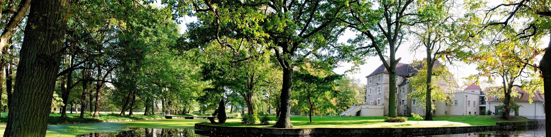 A serene park with a pond, lush trees, and a historic building in the background.