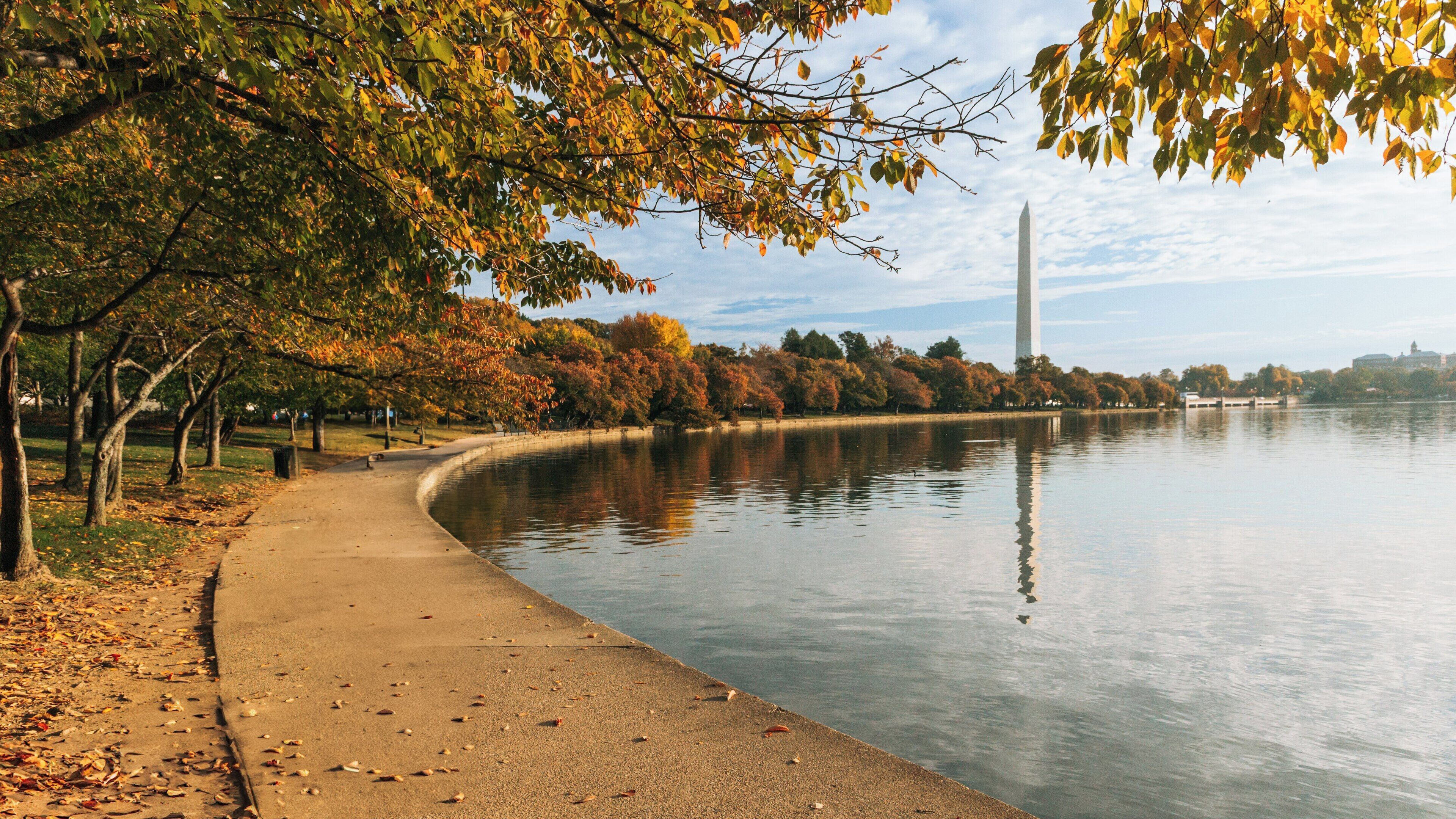 Beautiful autumn walk along Tidal Basin in Southwest Washington, United States, featuring vibrant foliage and serene water views near the Washington Monument