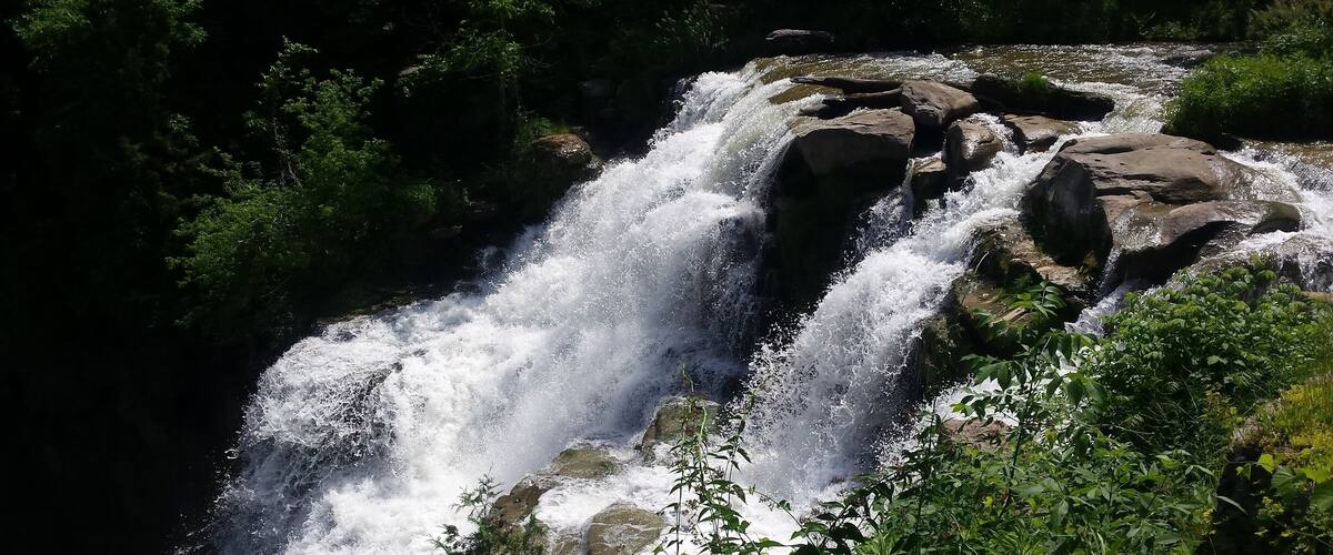 A waterfall cascading over rocks surrounded by lush greenery.