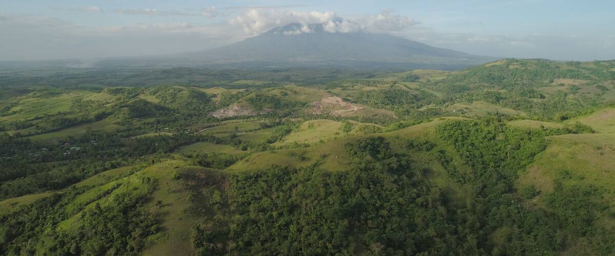 A lush green landscape with rolling hills and a mountain in the distance.