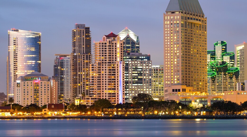 Coronado Ferry Landing featuring night scenes, a city and a bay or harbor