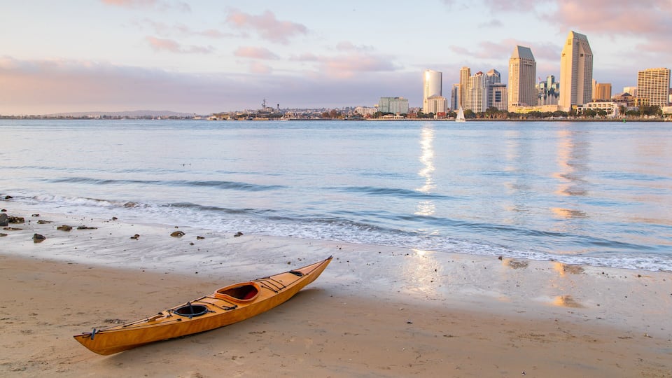 A wooden canoe on a beach with a city skyline in the background.