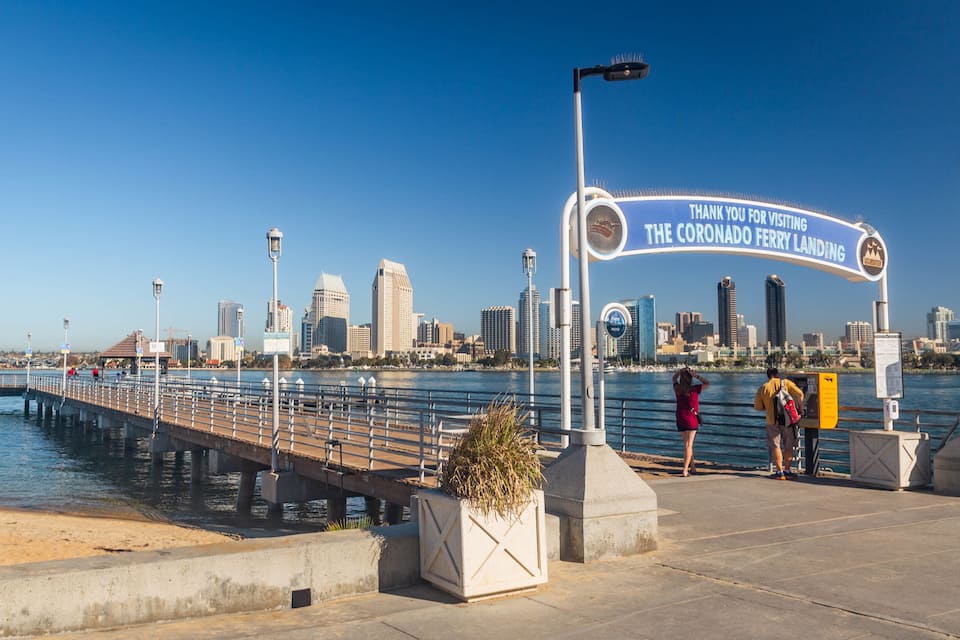 A pier with a sign thanking visitors for visiting the Coronado Ferry Landing.