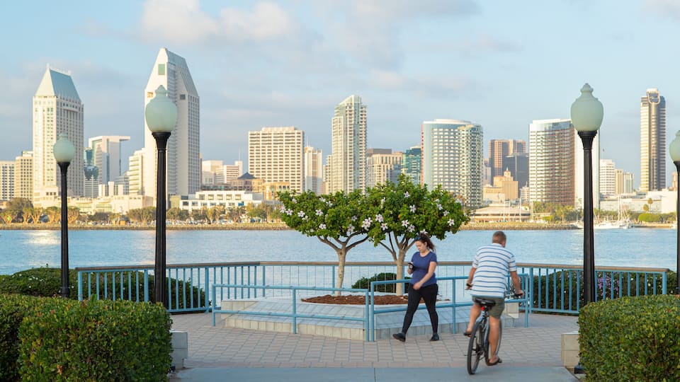 A waterfront promenade with a city skyline in the background, featuring modern high-rise buildings and a tree-lined walkway.
