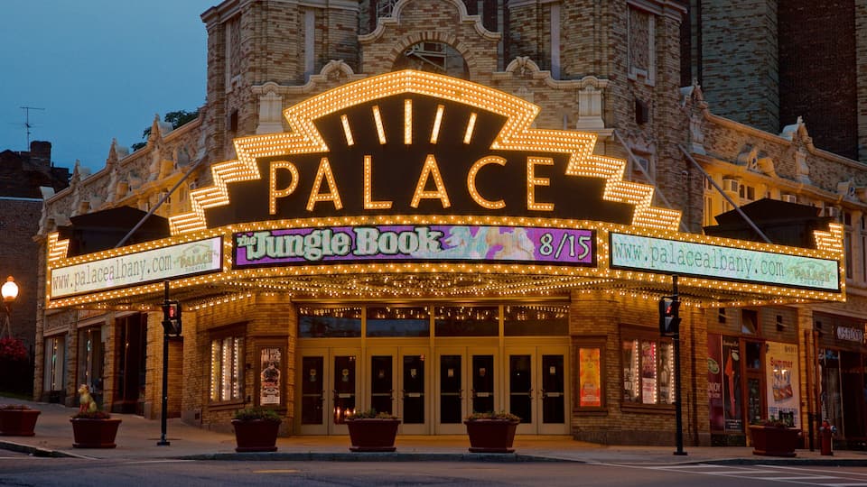 Palace Theater showing signage and night scenes