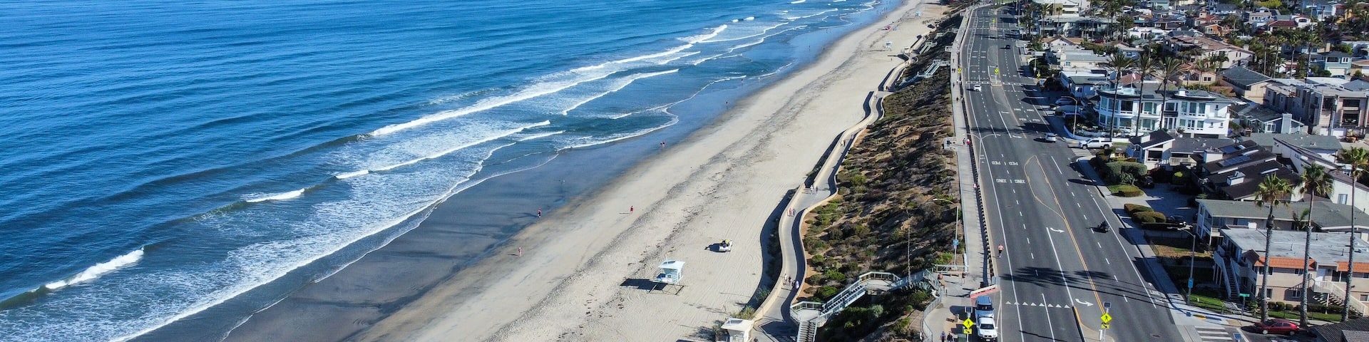 A Panoramic Aerial UAV Drone View of Carlsbad State Beach, California, in the Morning