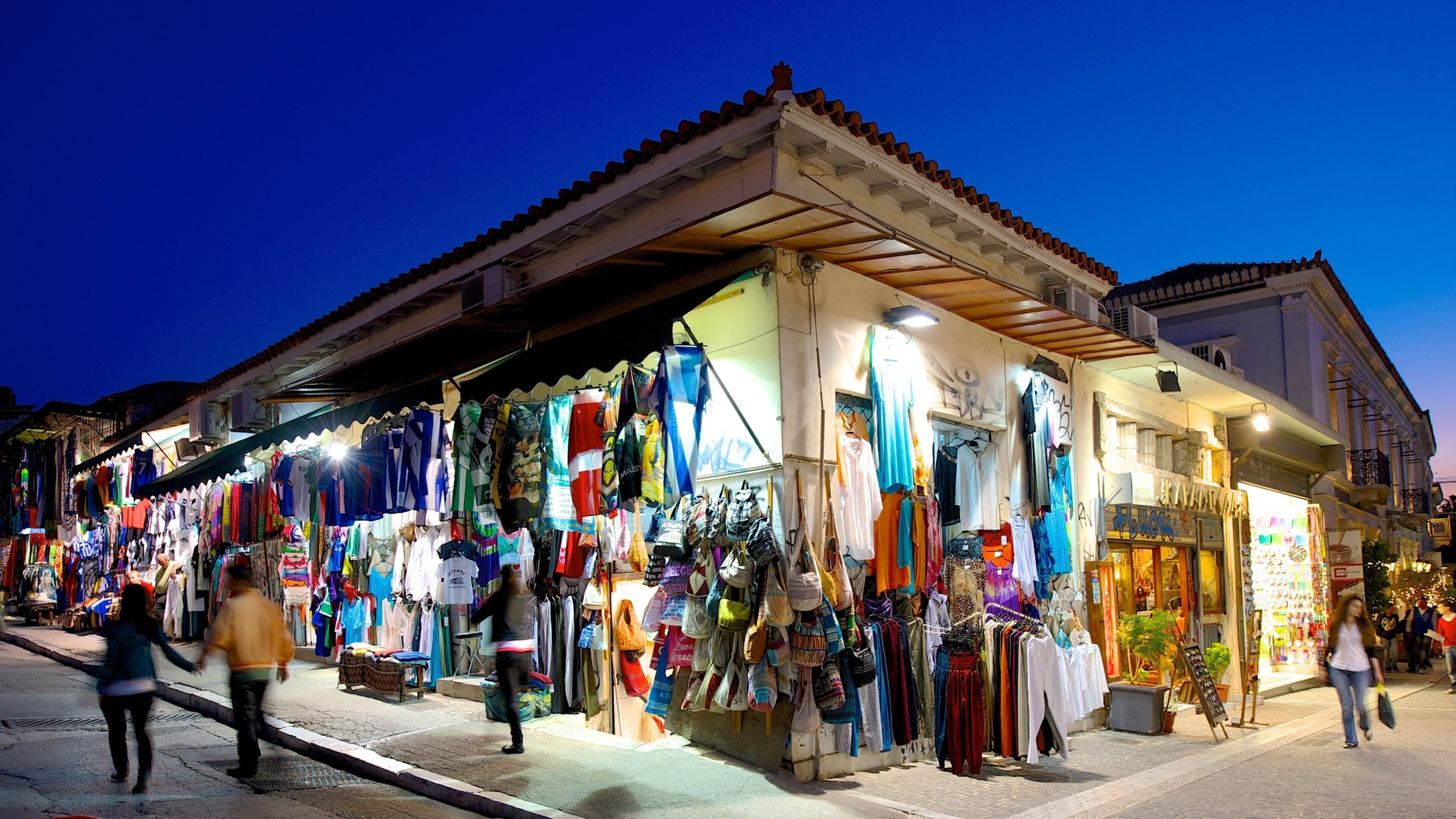 Monastiraki Flea Market which includes night scenes, street scenes and markets