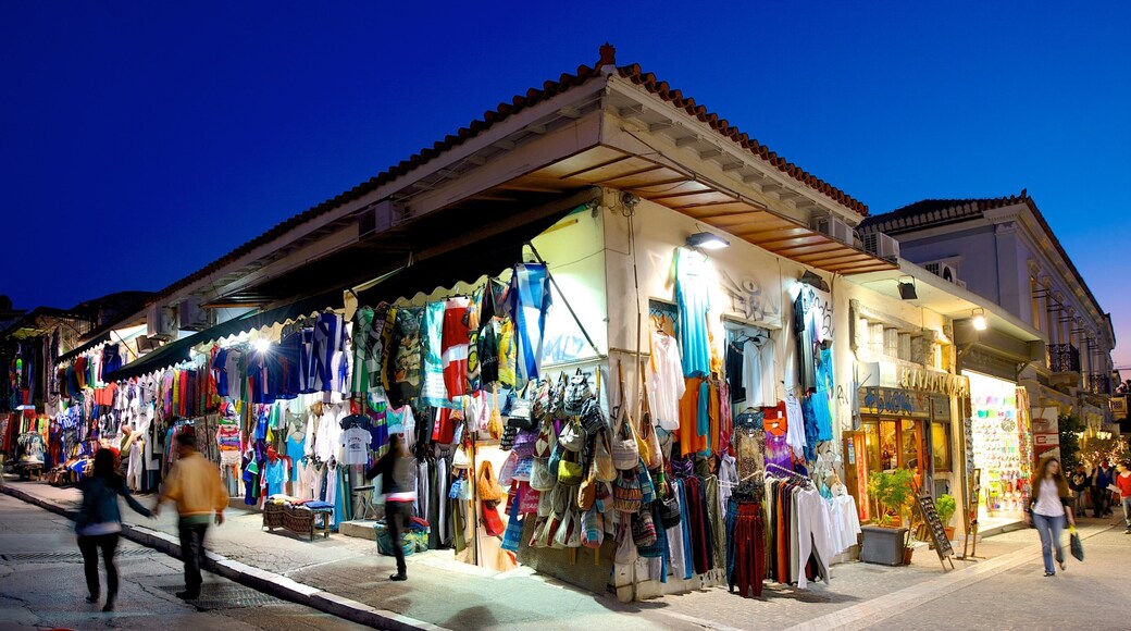 Monastiraki Flea Market which includes night scenes, street scenes and markets