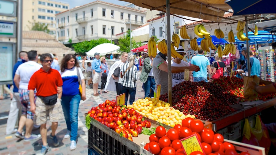 Monastiraki Flea Market which includes markets, street scenes and food