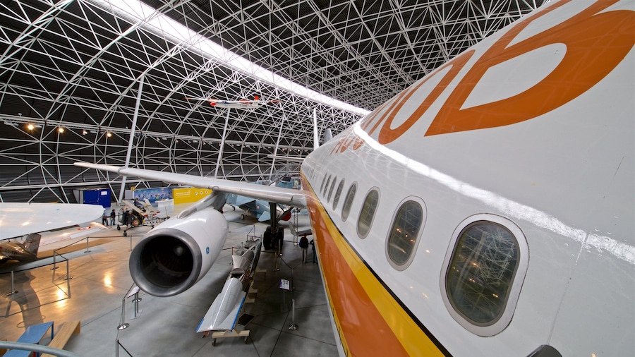 Un avión grande dentro de un hangar con techo de estructura metálica.