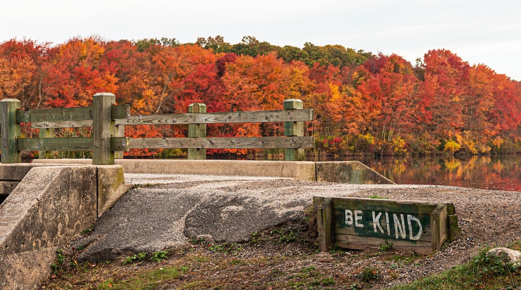 Be Kind is written next to bridge over waterall at Southards Pond with Autumn coloredl leaves in background
