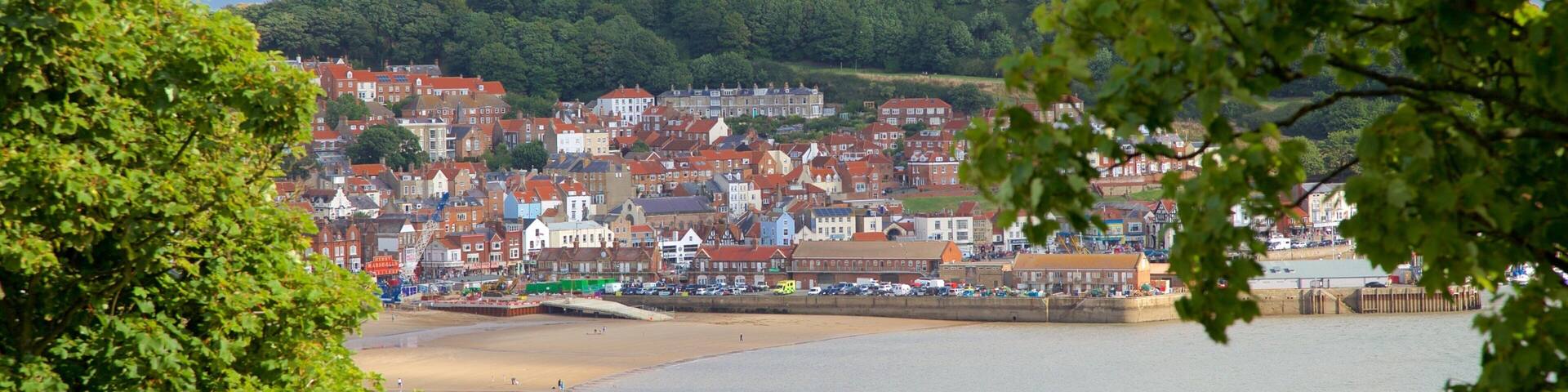 South Bay Beach featuring a sandy beach and a coastal town