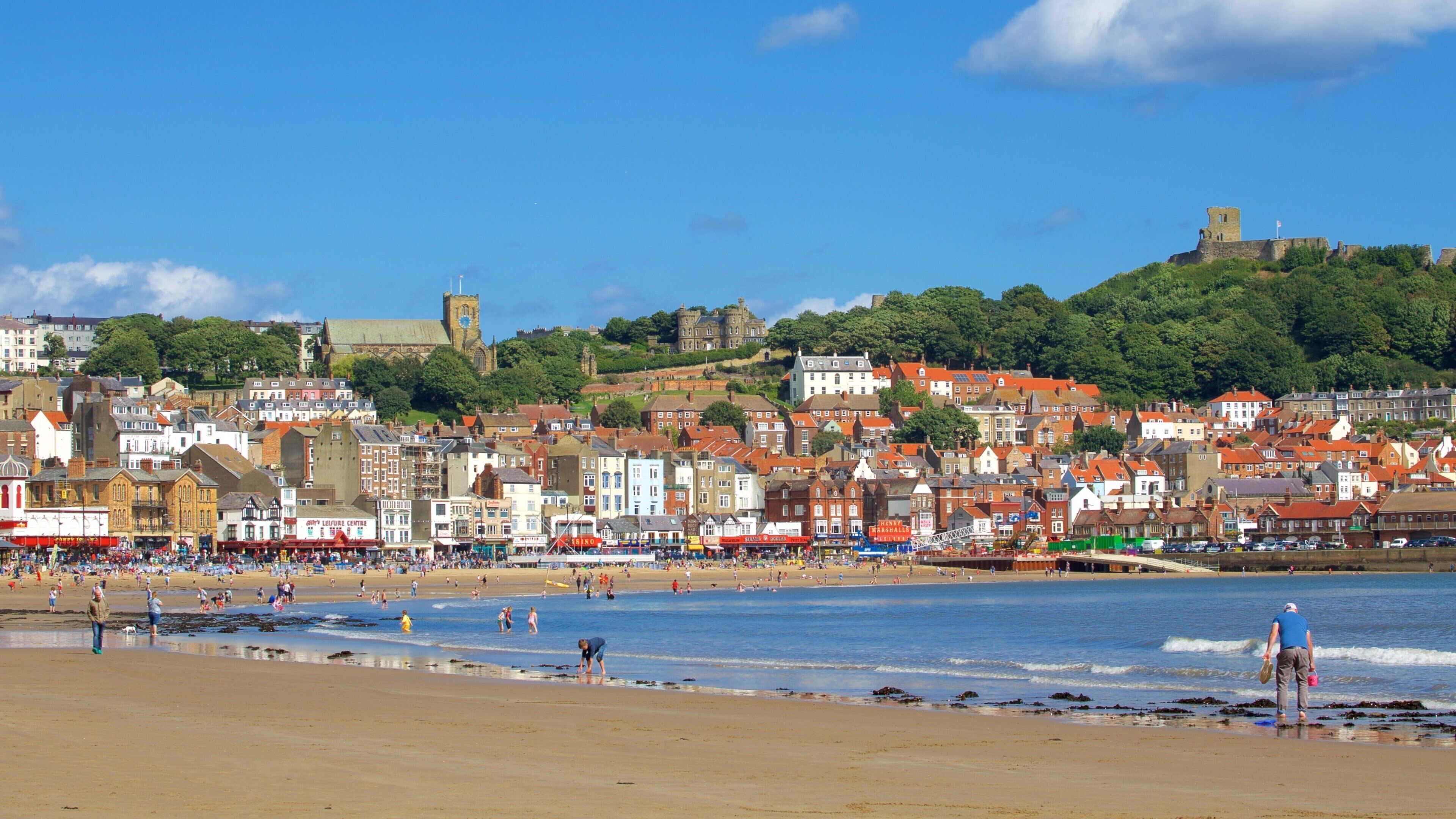 Playa de South Bay ofreciendo una ciudad costera y una playa de arena